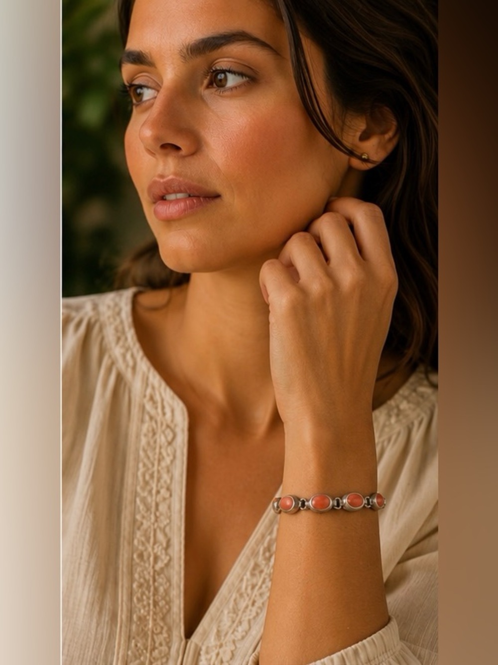 Vintage 925 Sterling Silver Pink Coral Bracelet | Mexico | Heavy Artisan Link